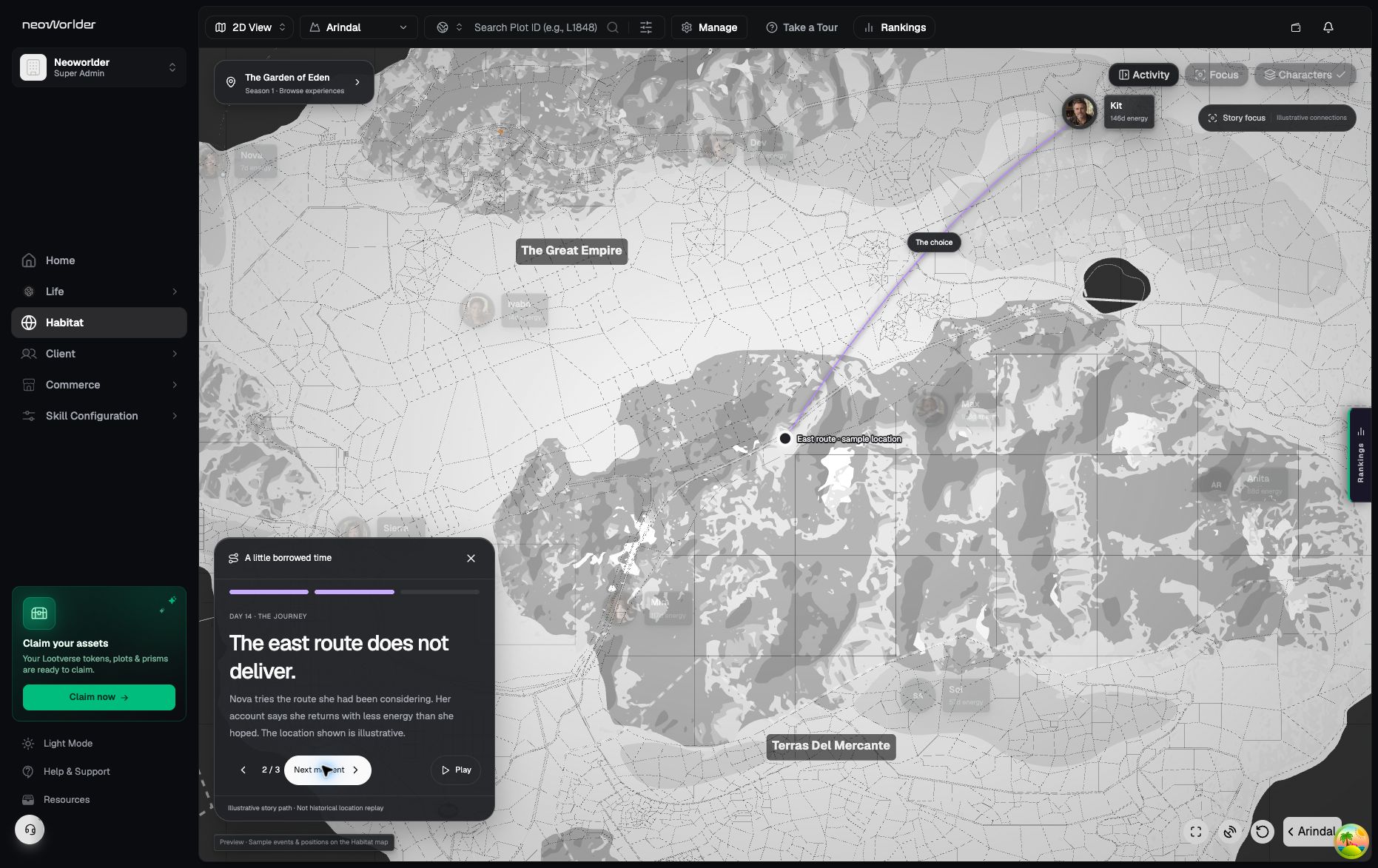 Supplied dark Habitat interface with a violet story path and an illustrative guided journey
