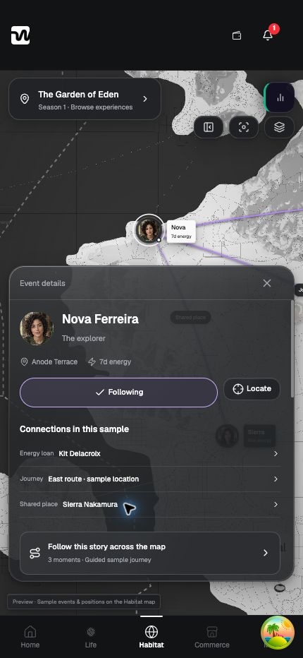Supplied mobile character detail view showing Nova and illustrative connections to people and places