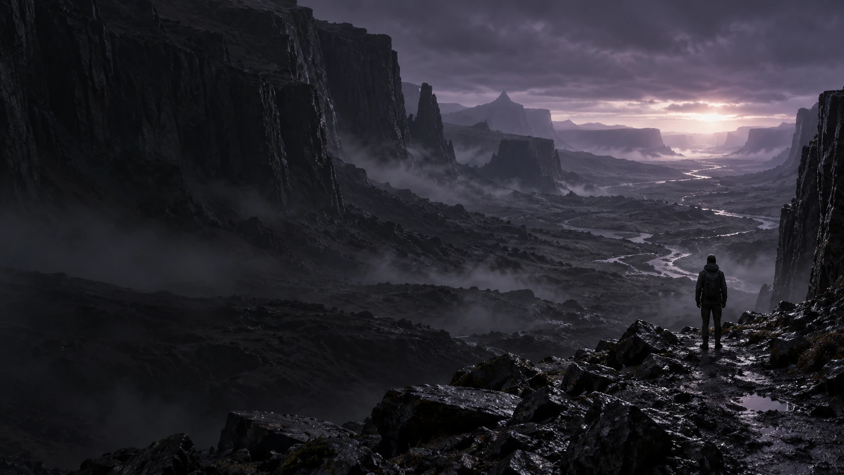A lone figure in the vast basalt ravines of the Underworld concept environment