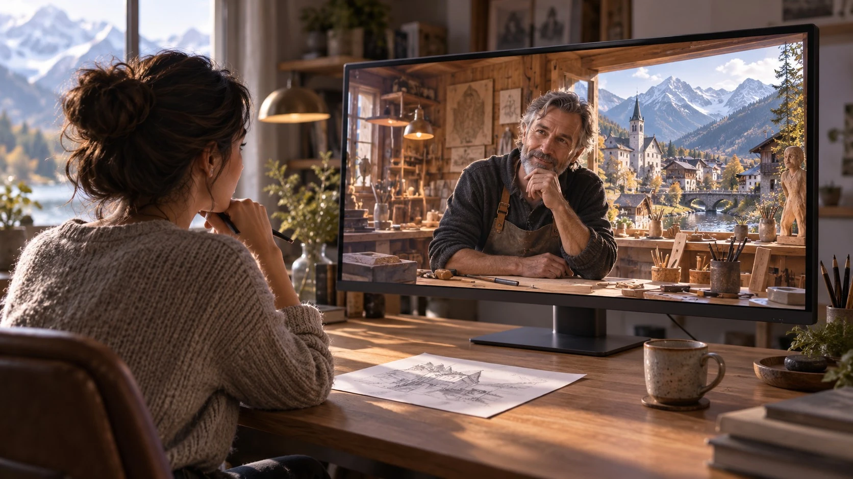 Concept illustration of a person collaborating with an autonomous persona through a screen