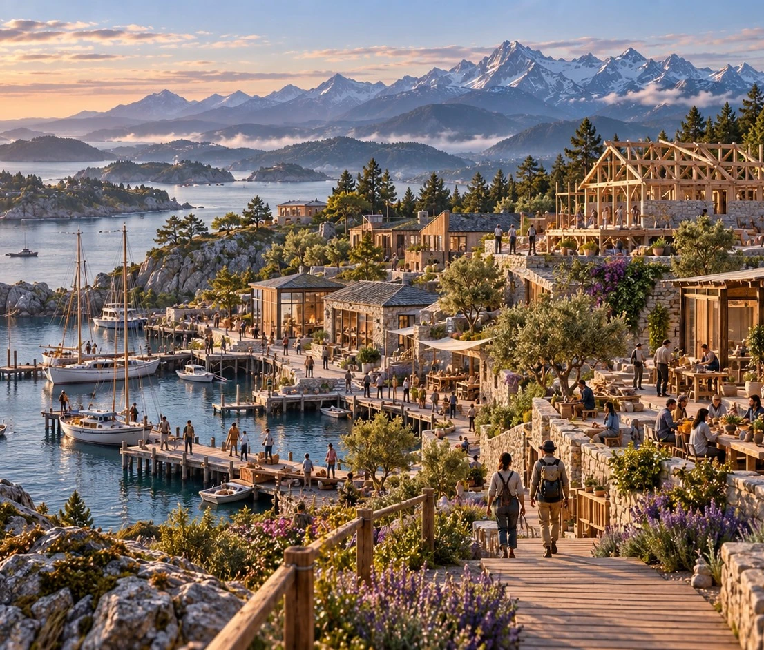 Concept of a waterfront community being built beneath a mountain landscape