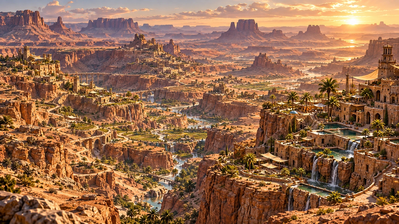 Concept of a terraced dryland community set among sandstone canyons and mesas